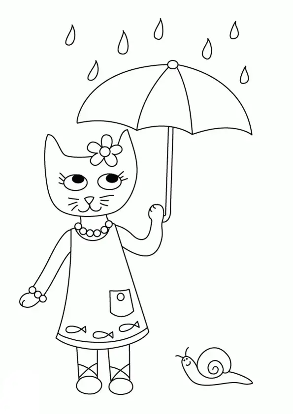 Kolorowanka kot stoi w sukience obok ślimaka i trzyma parasol nad głową