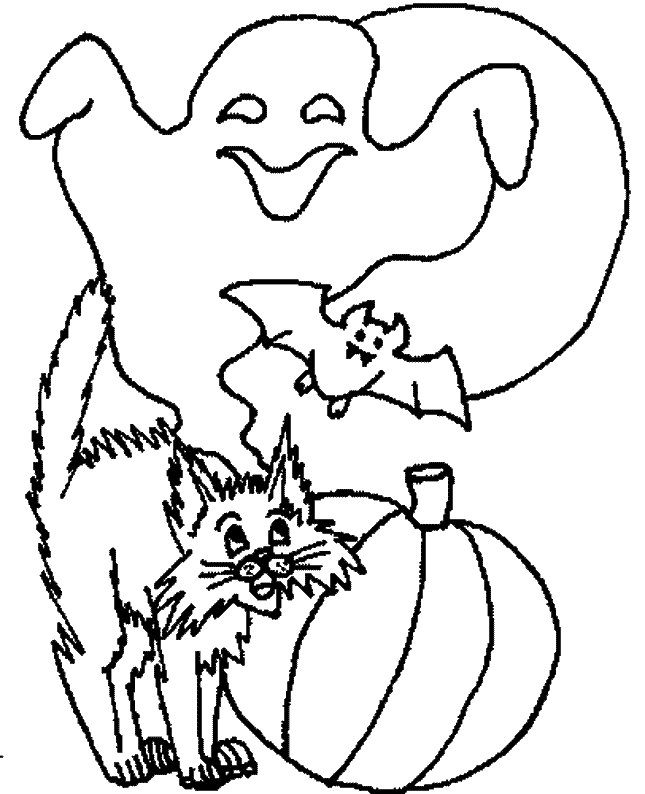 Kolorowanka kot stroszy się widząc dużego ducha i nietoperza wylatującego z dyni