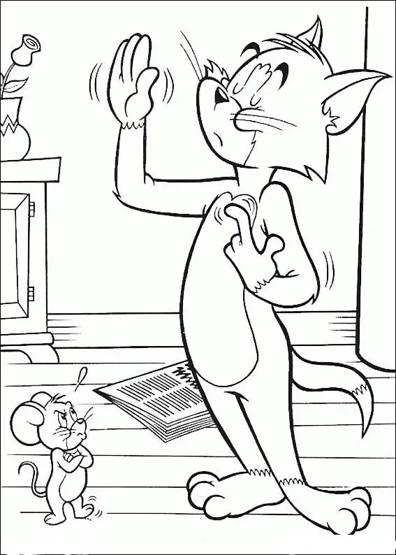 Kolorowanka kot Tom przysięga unosząc rękę stojąc w salonie przed myszką Jerry