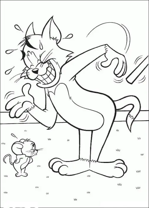 Kolorowanka kot Tom zakłopotany pocąc się wyrzuca kij z ręki stojąc przy myszce Jerry