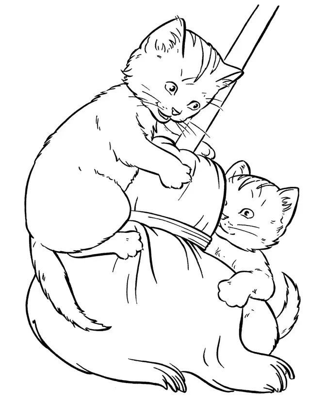 Kolorowanka kot trzyma się kurczliwe miotły wraz z drugim małym kotkiem