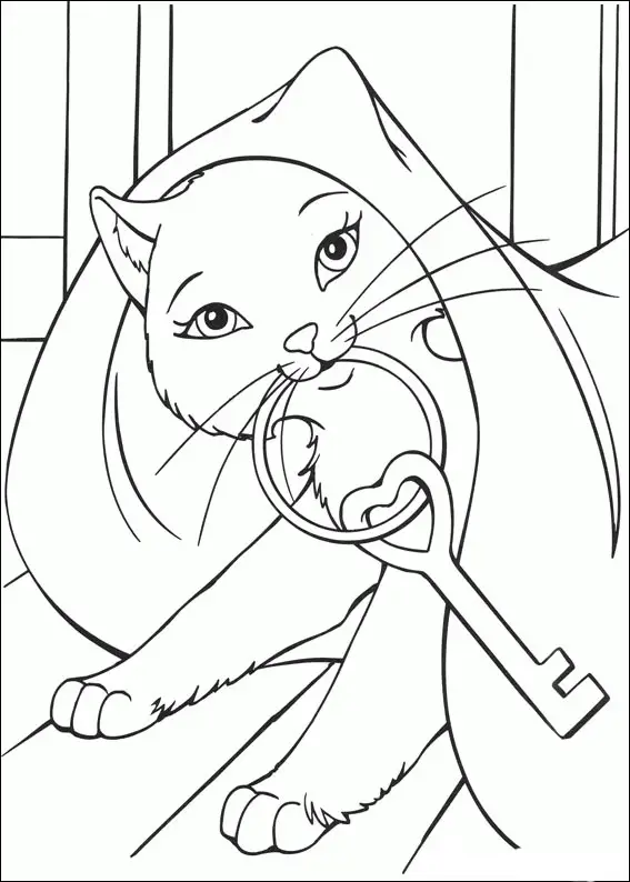 Kolorowanka kot uroczy leży na drewnianej podłodze przykryty kocem na głowie z dużym kluczem w zębach