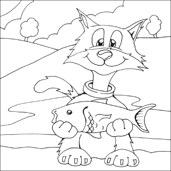 Kolorowanka kot uśmiechnięty siedzi wśród pagórków trzymając w łapkach rybę