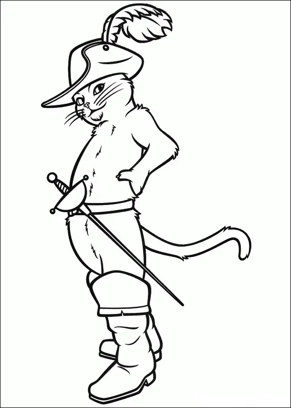 Kolorowanka kot w butach stoi z mieczem na pasie i kapeluszem z piórem