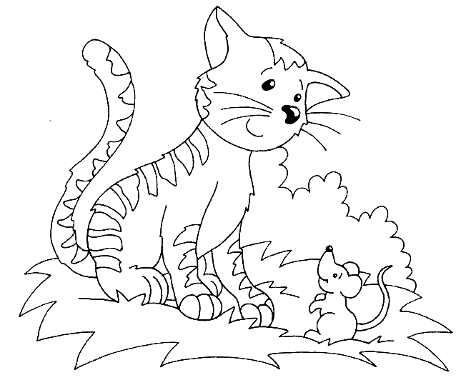 Kolorowanka kot w cętki jak tygrys siedzi patrząc się z góry na małą myszkę na trawie