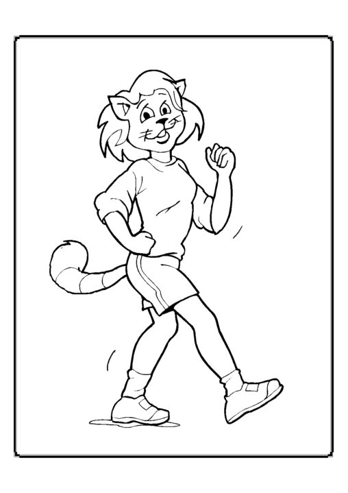 Kolorowanka kot w ciele człowieka z krótkimi włosami i w stroju sportowym idzie