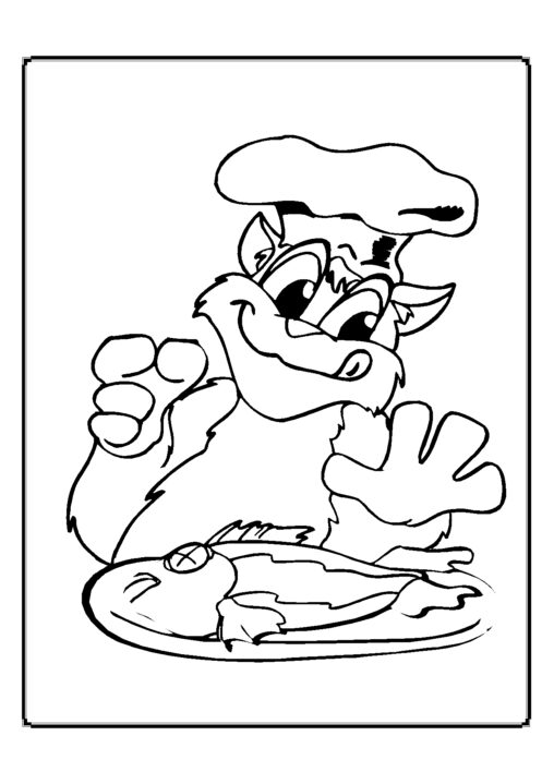 Kolorowanka kot w czapce kucharza oblizuje się chwytając rybę na talerzu