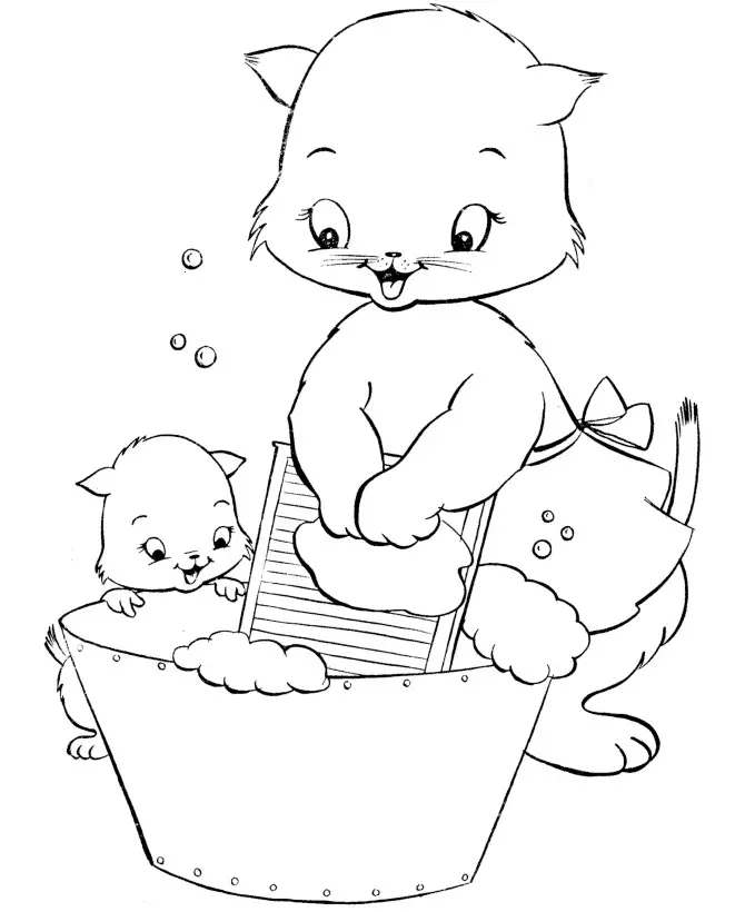 Kolorowanka kot w fartuszku robi pranie na tarce w kuble obok małego zaciekawionego kotka