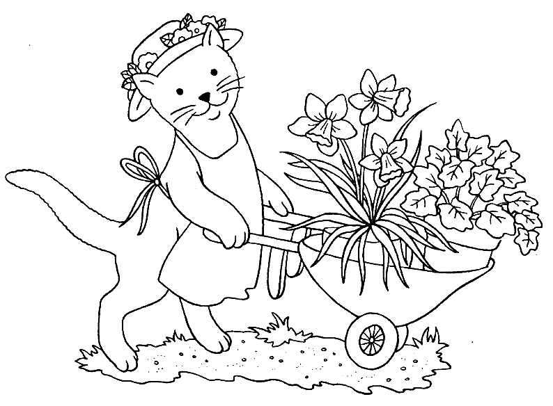 Kolorowanka kot w fartuszku z czapką ozdobioną kwiatami pcha taczkę z roślinami