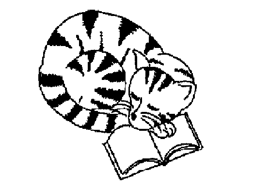 Kolorowanka kot w paski leży zwinięty w kulkę i śpi na ksiązce