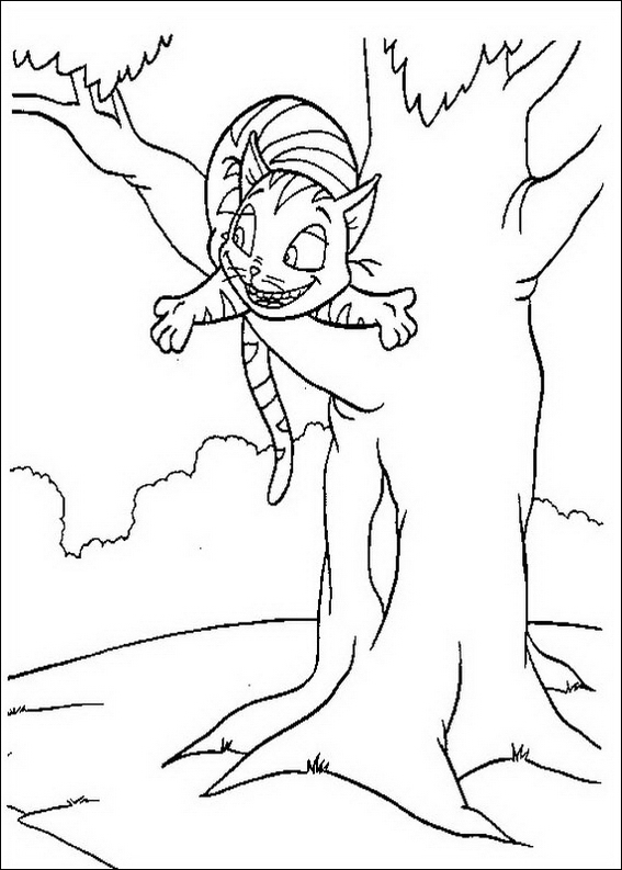 Kolorowanka kot w paski z szerokim uśmiechem siedzi na gałęzi drzewa i rozkłada bezradnie łapy