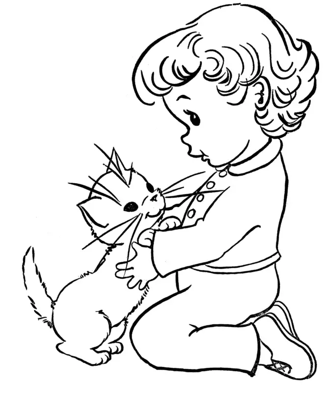 Kolorowanka kot wchodzi na brzuch małej dziewczynki na kolanach z krótkimi włosami