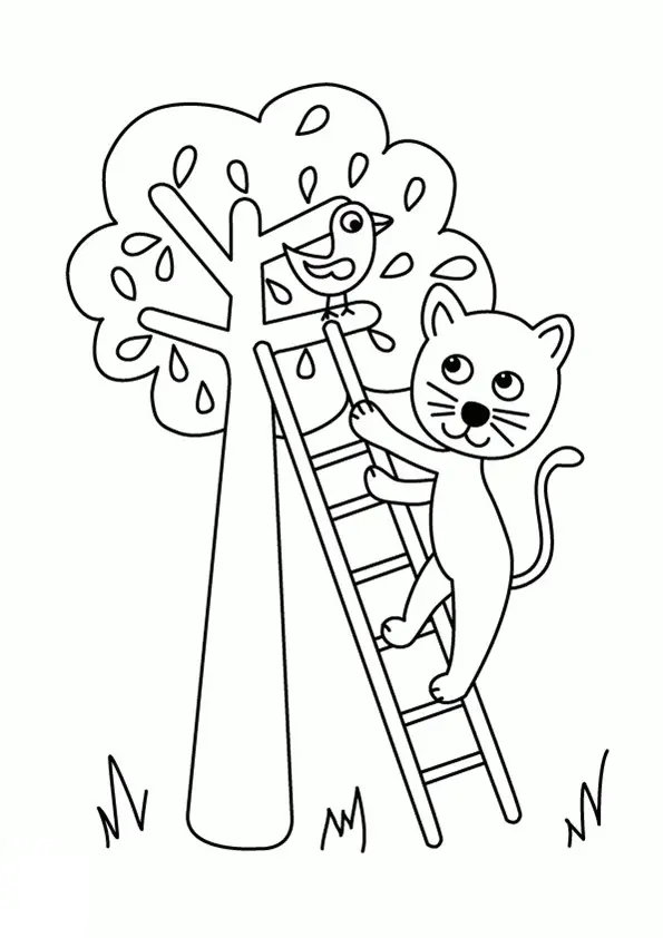 Kolorowanka kot wchodzi na drabinie na drzewo, na którym siedzi ptaszek