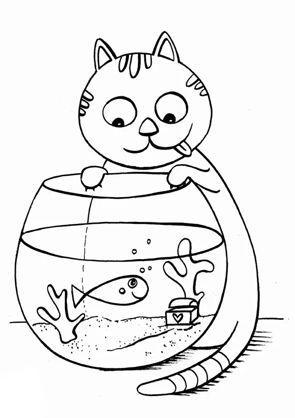 Kolorowanka kot wspina się na małe akwarium oblizując się i patrząc na rybkę w środku