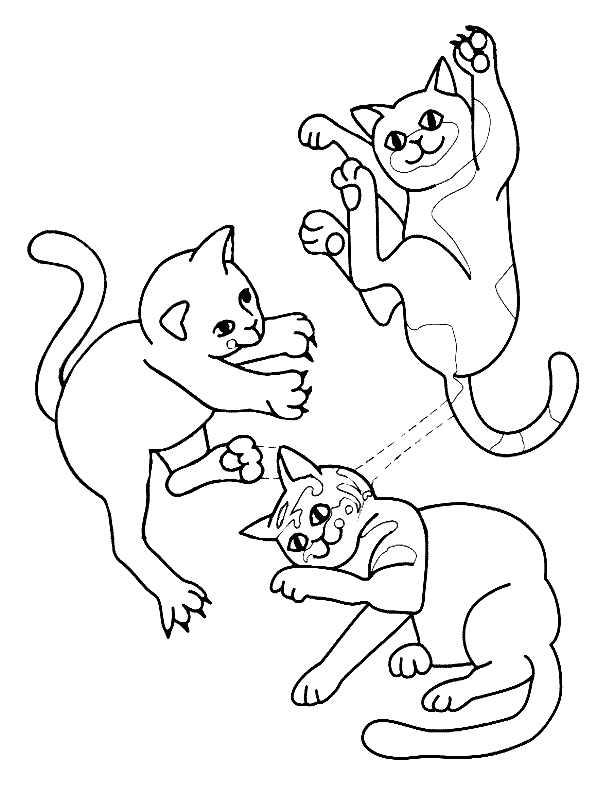Kolorowanka kot wyciąga pazury bawiąc się z dwoma innymi małymi kotami