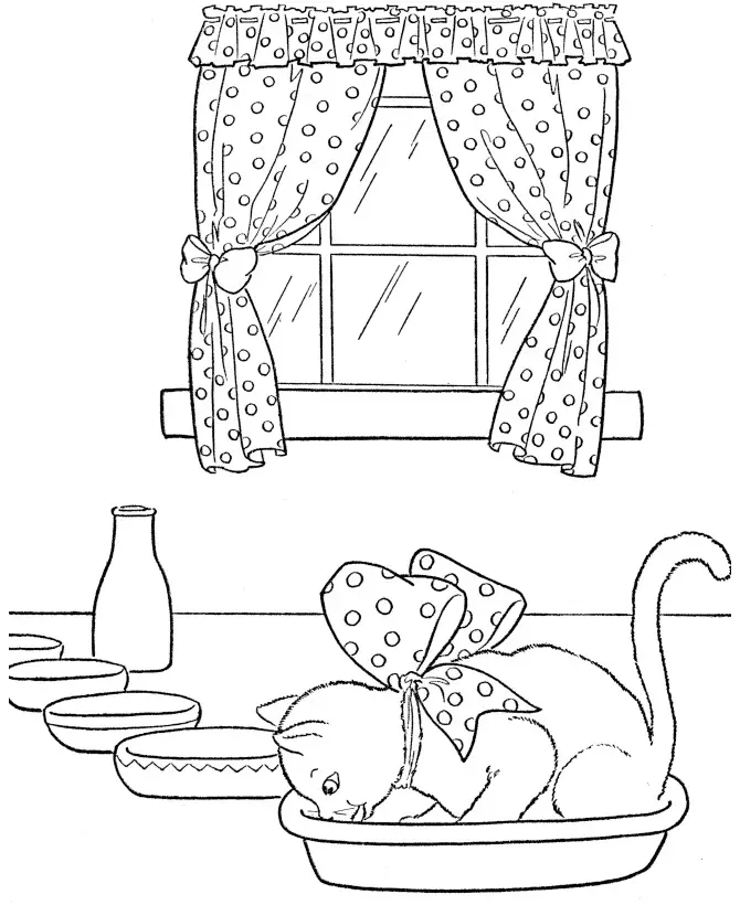 Kolorowanka kot z bardzo dużą kokardką w kropki siedzi w misce pod oknem pijąc mleko obok innych misek