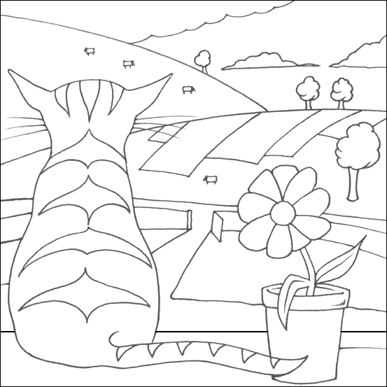 Kolorowanka kot z cętkami siedzi na parapecie obok kwiatka w doniczce i patrzy się na pole