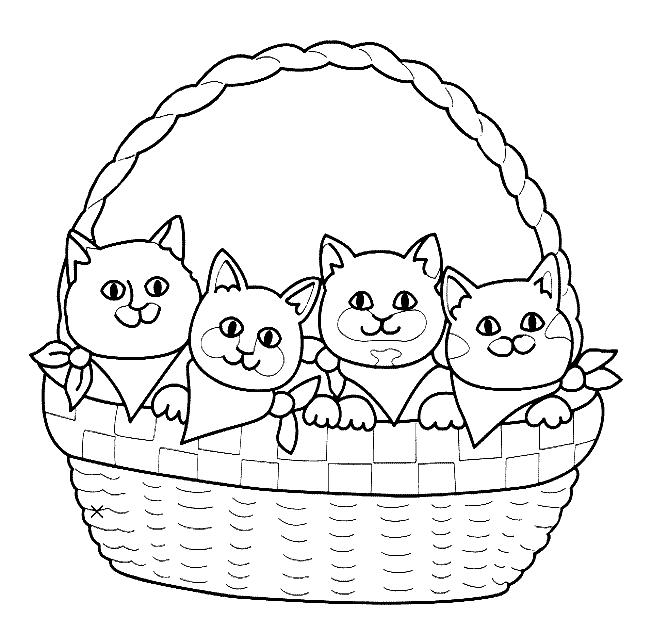 Kolorowanka kot z chustą na szyi siedzi w koszu wiklinowym obok trzech innych kotków