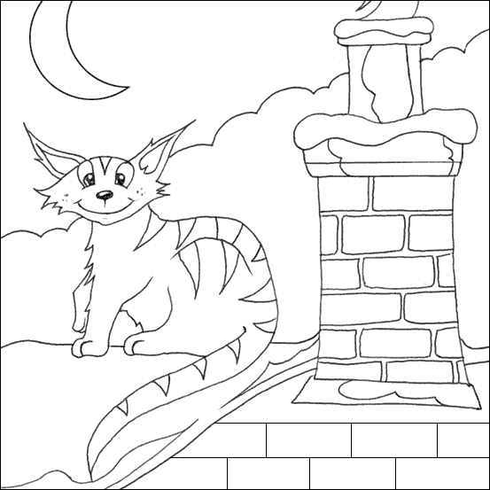 Kolorowanka kot z długimi uszami i centrami siedzi w środku nocy na dachu obok komina