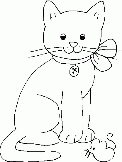 Kolorowanka kot z dzwoneczkiem na szyi i wstążką siedzi przy zabawkowej myszce