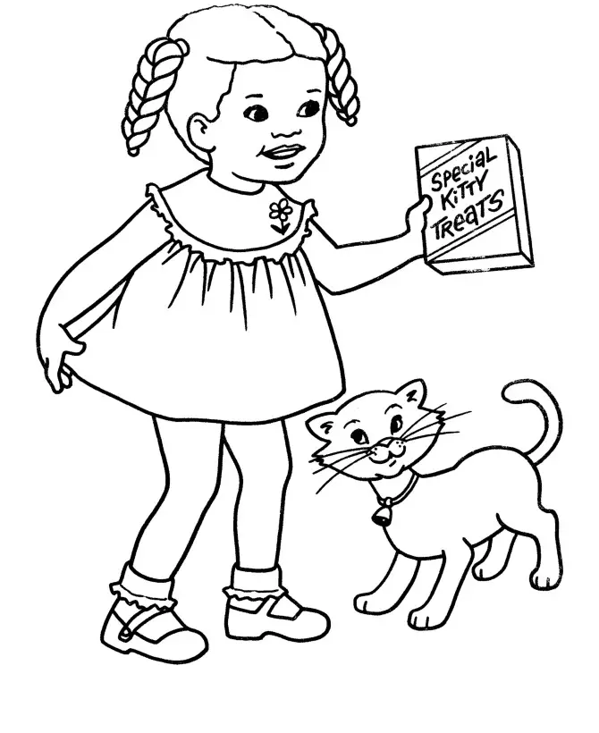 Kolorowanka kot z dzwoneczkiem na szyi stoi przy nogach dziewczynki w sukience trzymającej książkę