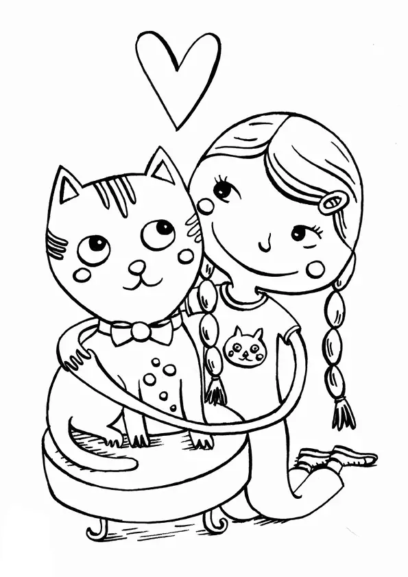 Kolorowanka kot z kokardką na szyi siedzi na pufie i jest obejmowany czule przez dziewczynkę z warkoczami