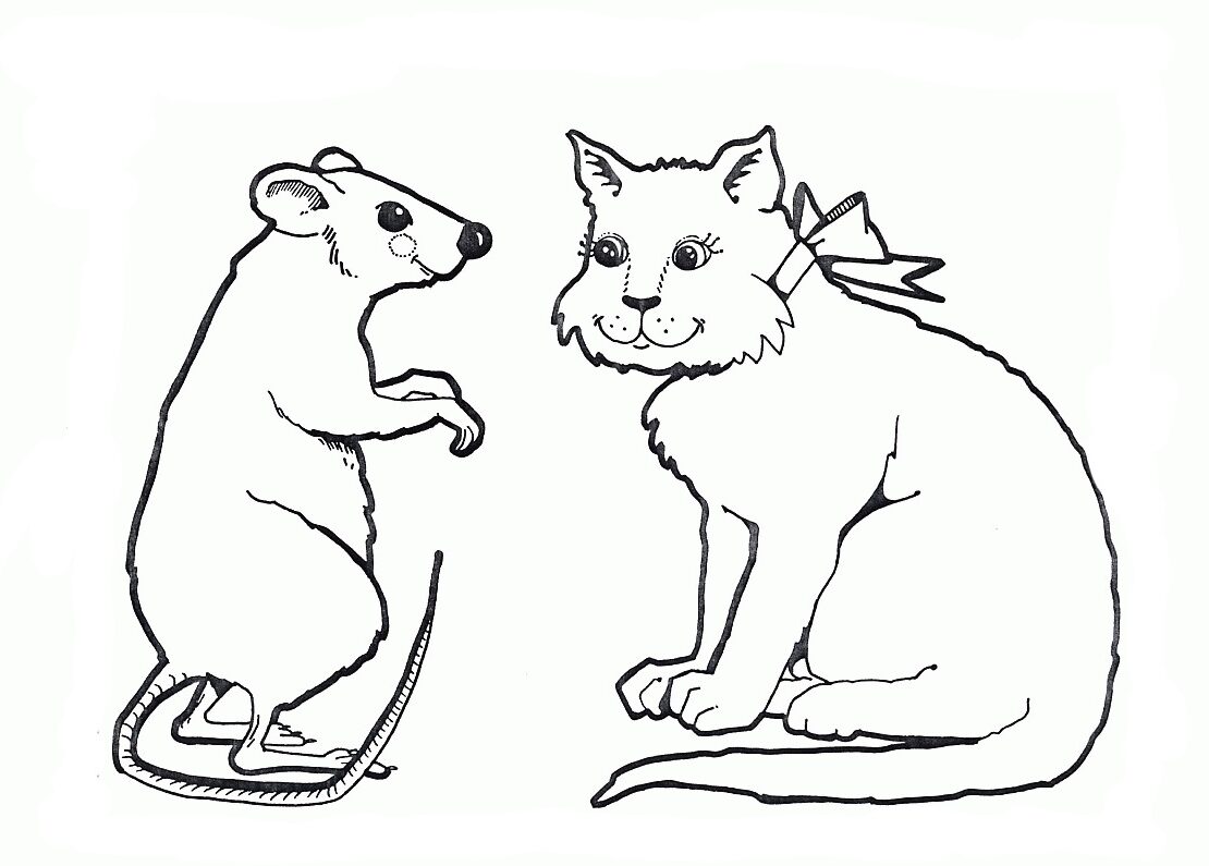 Kolorowanka kot z kokardką na szyi siedzi obok dużego stojącego na dwóch łapach szczura