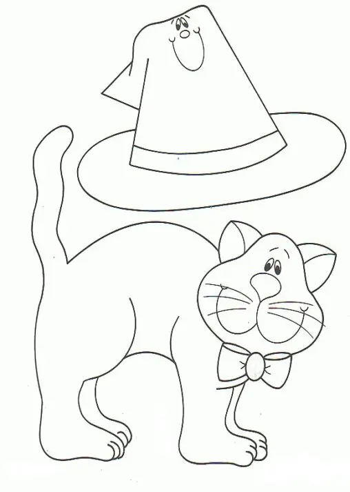 Kolorowanka kot z muszką na szyi i uśmiechniętym kapeluszem nad głową