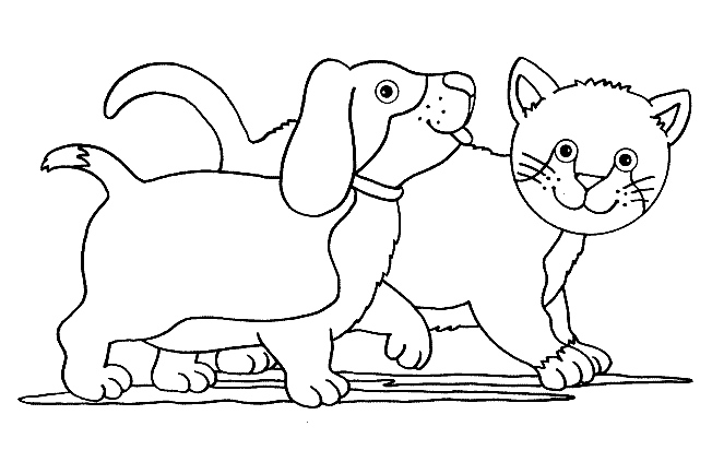 Kolorowanka kot z okrągłą głową idzie obok małego psa szczeniaczka z długimi uszami