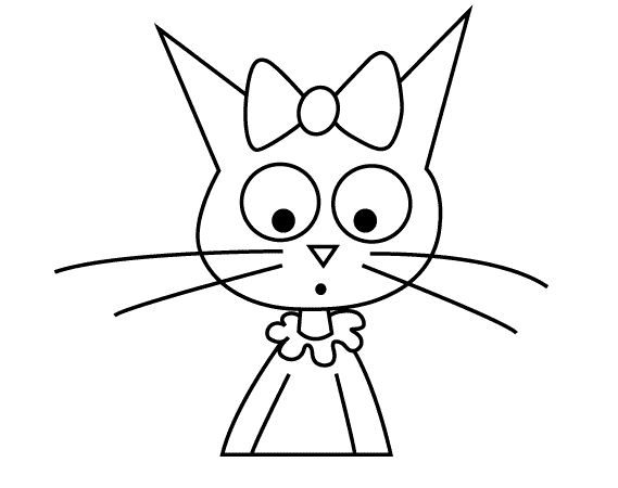 Kolorowanka kot z ozdobami na szyi stoi zdziwiony z dużymi oczami i długimi wąsami