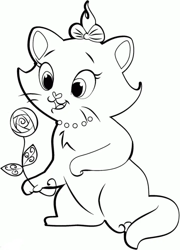 Kolorowanka kot z perłami na szyi i kokardką we włosach stoi na dwóch łapach i trzyma kwiatek
