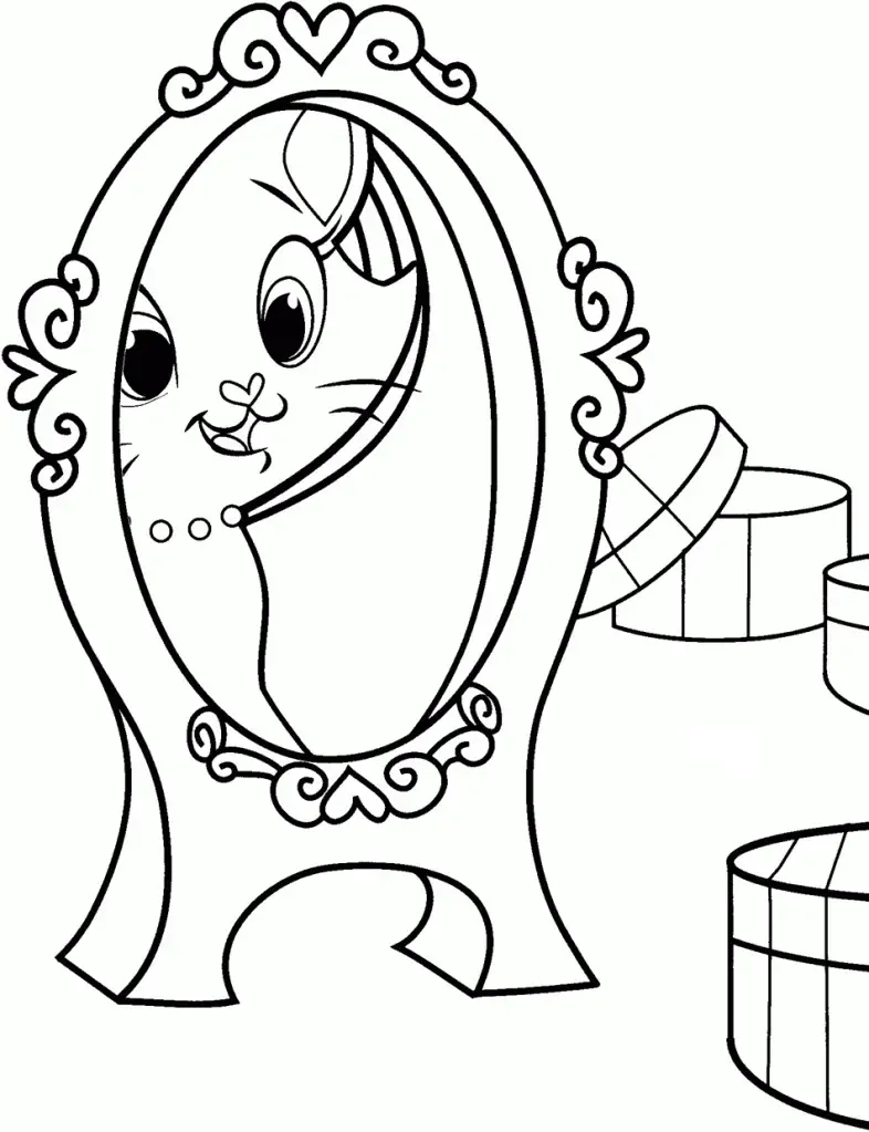 Kolorowanka kot z perłami na szyi przegląda się w pięknym lustrze obok pudełek