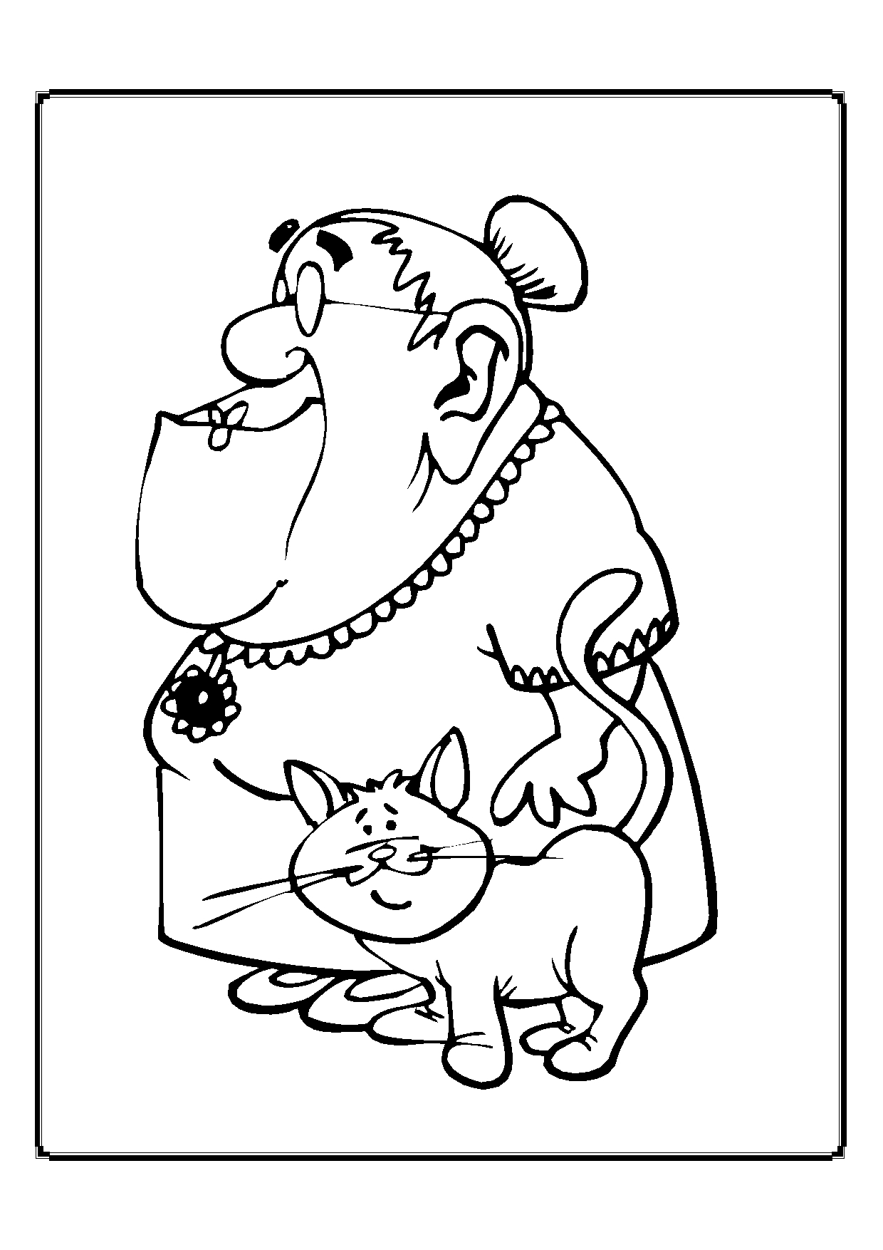 Kolorowanka kot z uniesionym ogonem stoi przy bardzo starej babci z dużą głową i szczęką
