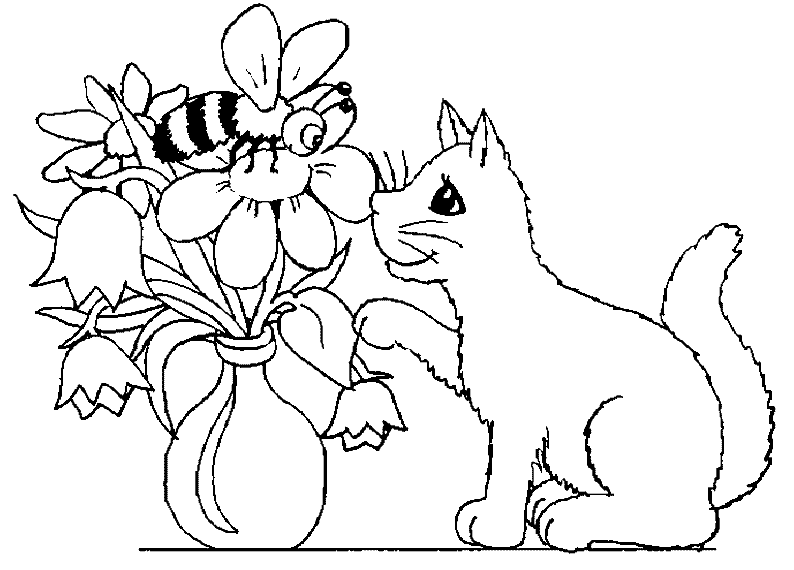 Kolorowanka kot zachwycony próbuje dotknąć łapką kwiatka, na którym siedzi duża pszczoła
