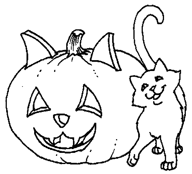 Kolorowanka kot zadowolony ociera się o wyrzeźbioną dynię na halloween