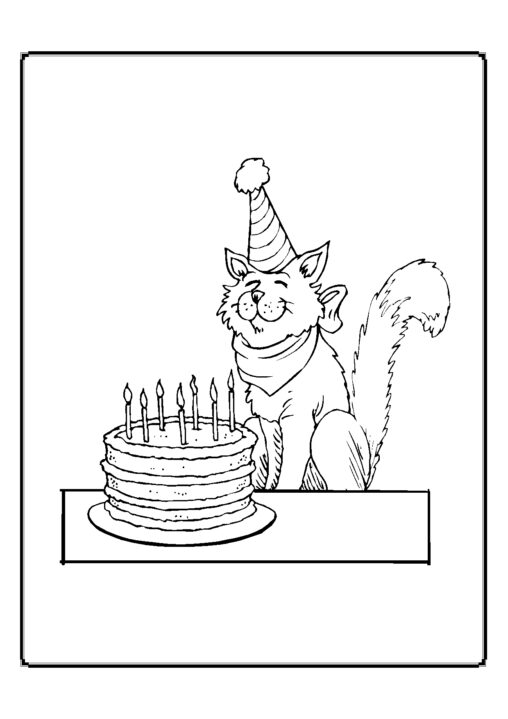 Kolorowanka kot zadowolony siedzi z chustą na szyi i czapką przed tortem