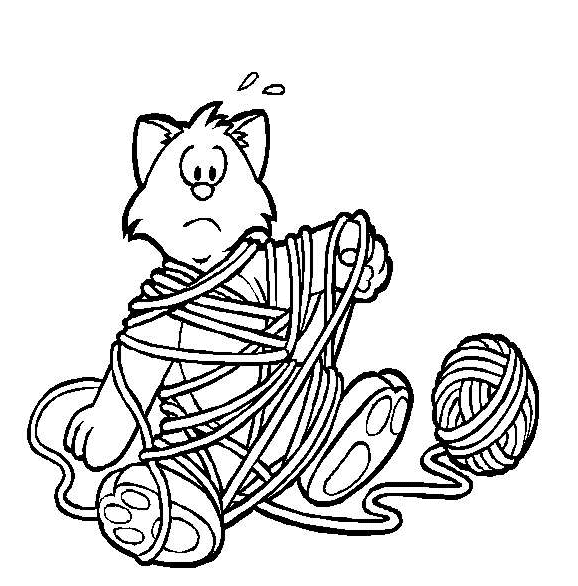 Kolorowanka kot zakłopotany siedzi zaplątany w wełnianej włóczce z kłębka