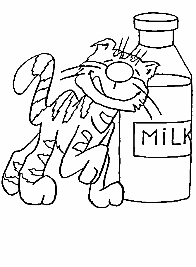 Kolorowanka kot zaniedbany i śpiący oblizuje się ocierając o dużą butelkę mleka