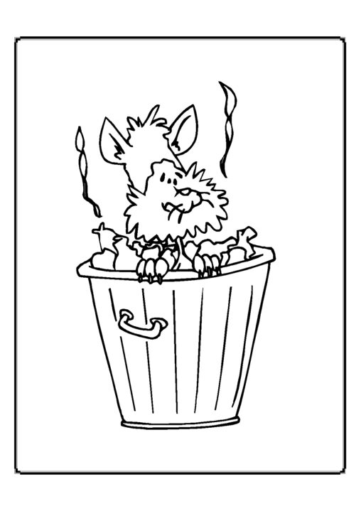 Kolorowanka kot zaniedbany z brodą siedzi w śmierdzącym śmietniku pełnym odpadów