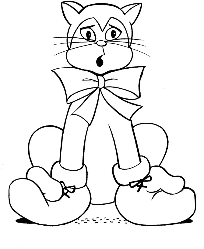 Kolorowanka kot zmartwiony z dużą kokardą na szyi siedzi w butach na łapach