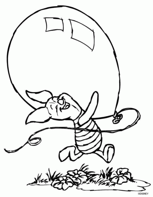 Kolorowanka Kubuś Puchatek świnka Maleństwo biegnie radośnie trzymając duży balon