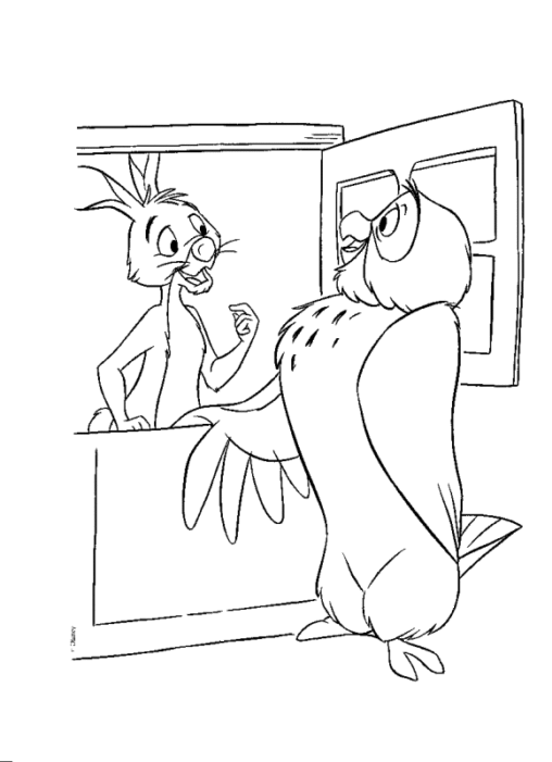 Kolorowanka Kubuś Puchatek zając stoi w drzwiach i rozmawia z sową