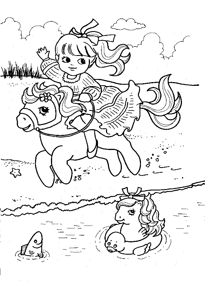 Kolorowanka kucyki pony biegnie z dziewczynką w sukience na grzbiecie obok rzeki z drugim kucykiem