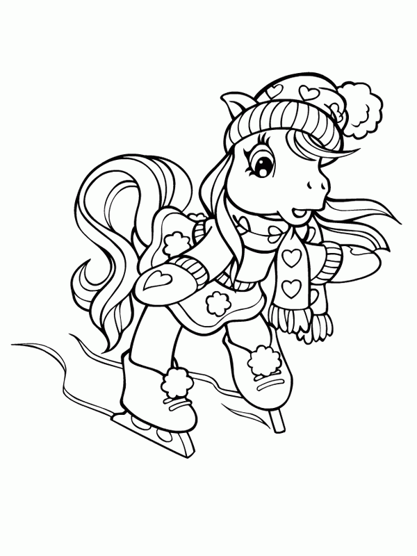 Kolorowanka kucyki Pony kucyk jedzie niezdarnie w stroju zimowym w szalu i czapce na łyżwach