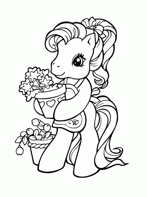 Kolorowanka kucyki Pony kucyk stoi na dwóch nogach w fartuszku i trzyma doniczkę kwiatów w serca