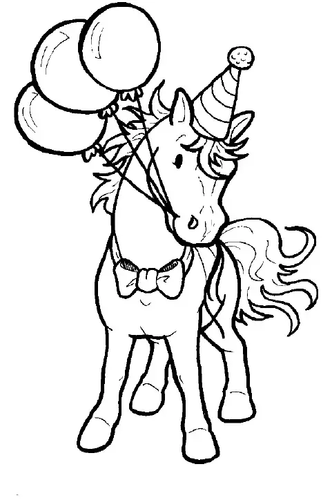 Kolorowanka kucyki Pony kucyk stoi z kokardką na szyi i czapką na głowie trzymając balony w zębach