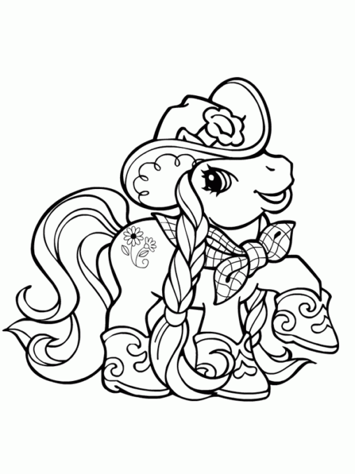 Kolorowanka kucyki Pony kucyk stoi zdowolony w stroju kowboja z kapeluszem i w butach