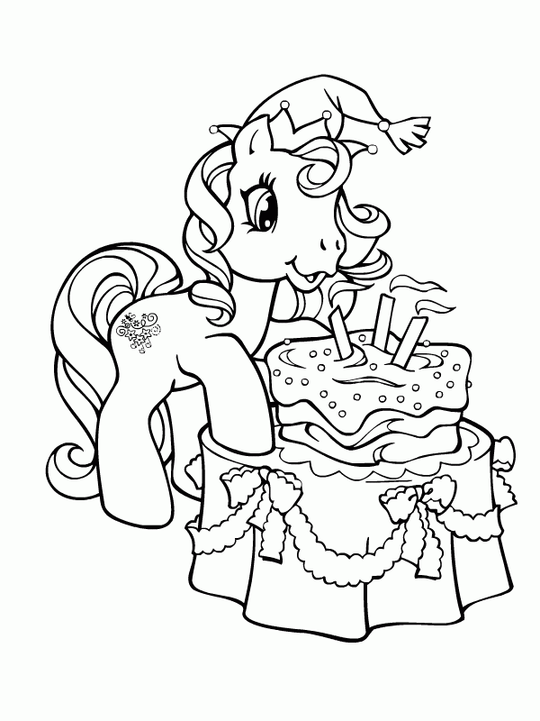 Kolorowanka kucyki Pony kucyk wchodzi jedną nogą na stół z urodzinową czapką na głowie i zdmuchuje świeczki na torcie