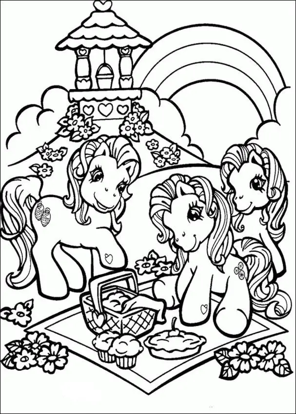 Kolorowanka kucyki pony siedzą na górce obok studni i tęczy wśród kwiatów i robią piknik na kocu