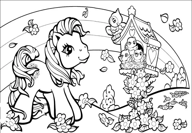 Kolorowanka kucyki pony stoi kucyk wśród kwiatów i patrzy się na budkę z ptakami w środku